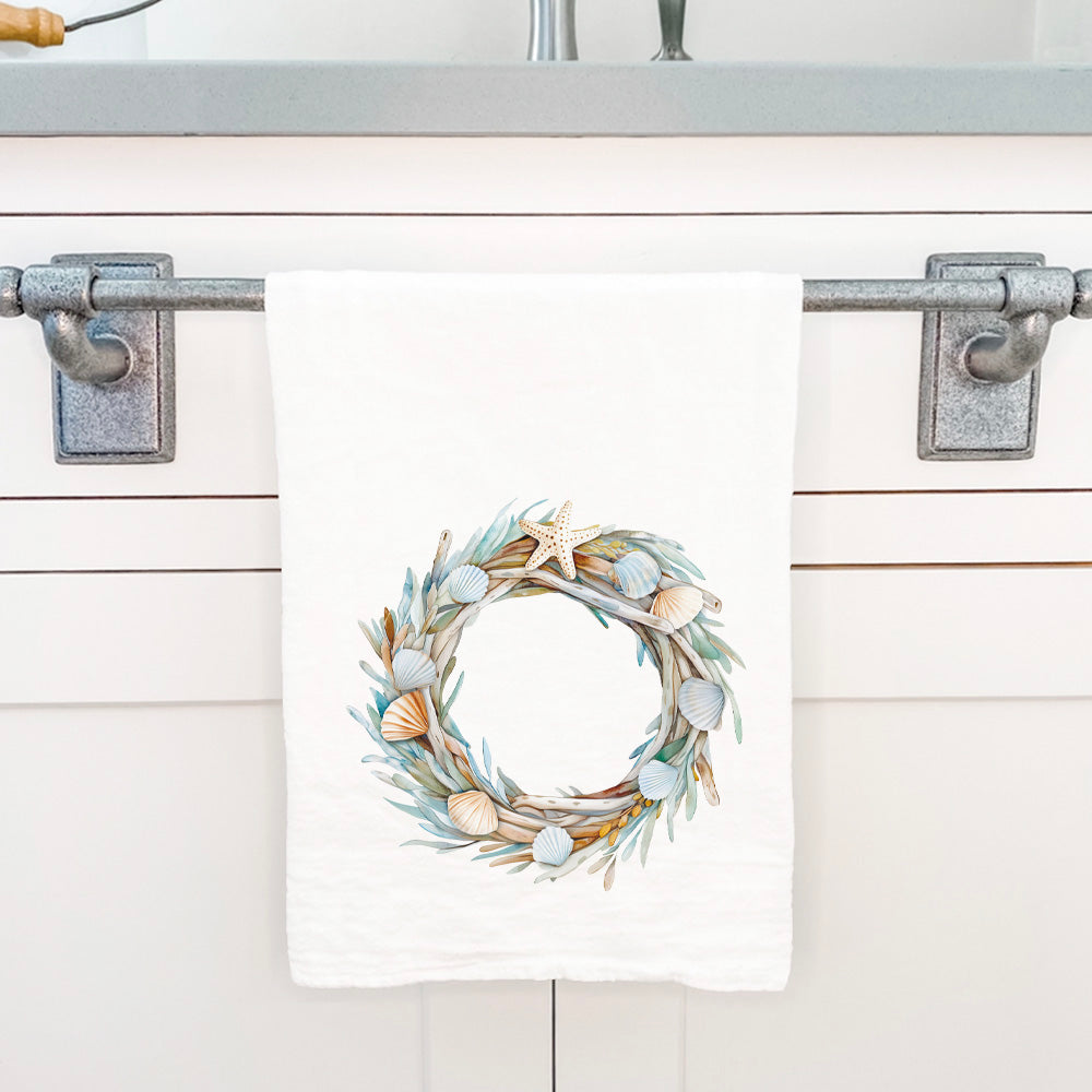 Seashell Driftwood Wreath - Customizable Cotton Tea Towel