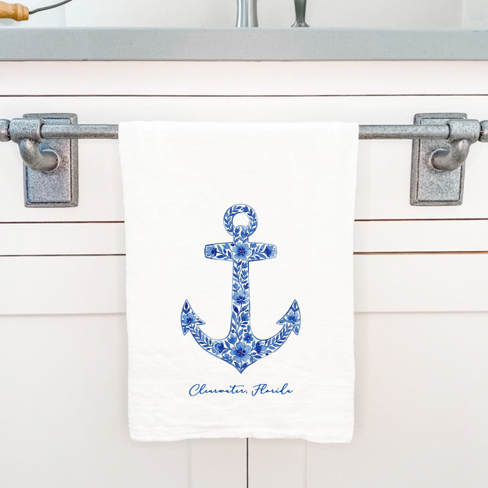 Watercolor Floral Navy Anchor - Custom Cotton Tea Towel