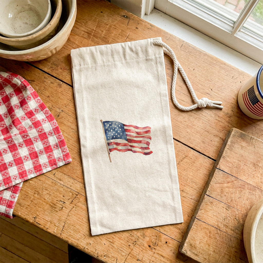 Watercolor Waving American Flag - Canvas Wine Bag