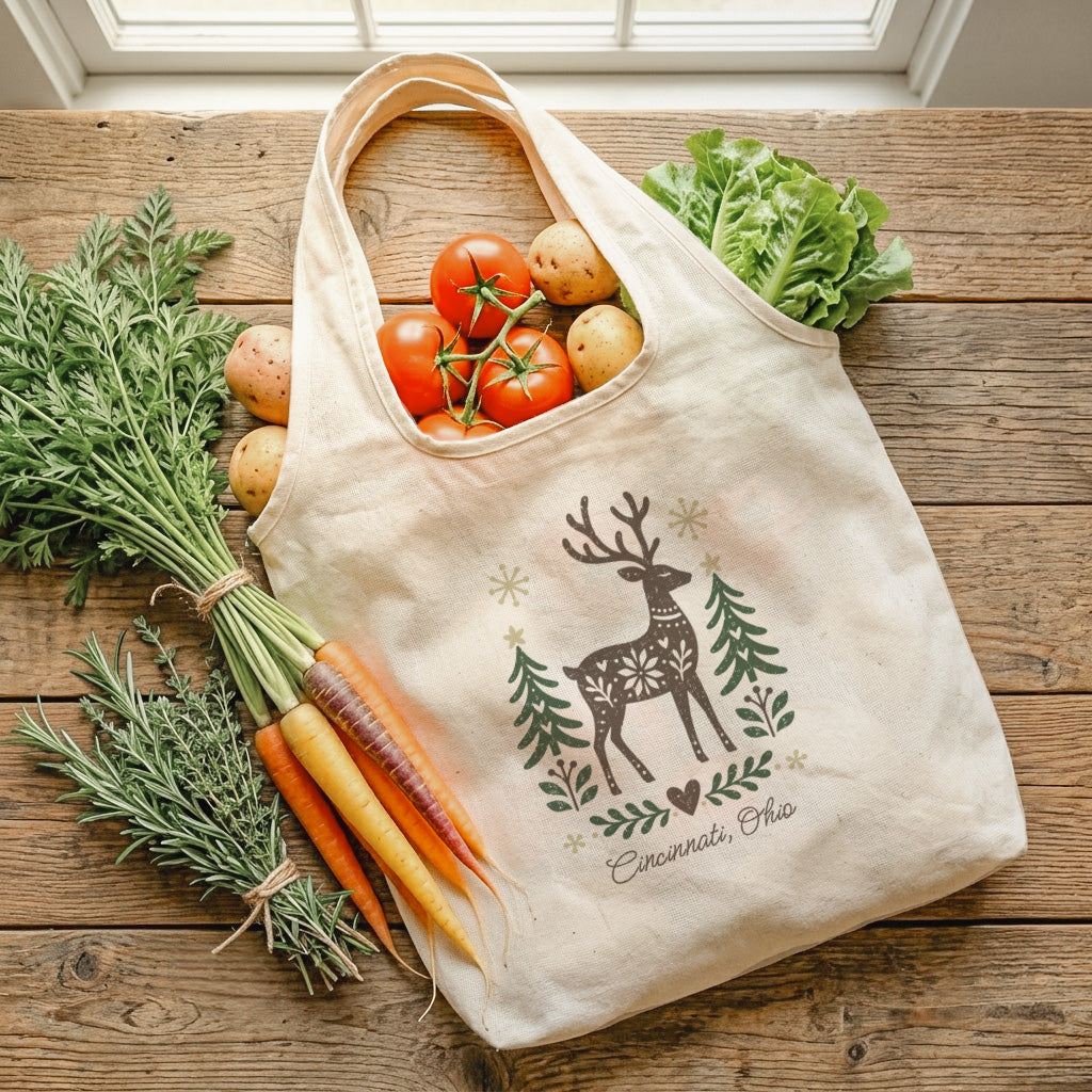 Scandanavian Christmas Deer - Custom Cotton Market Tote Bag
