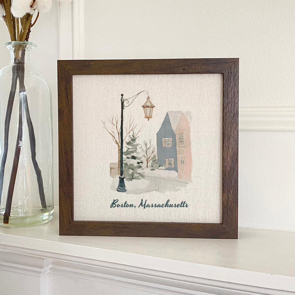 Snowy Town Row - Custom Framed Sign
