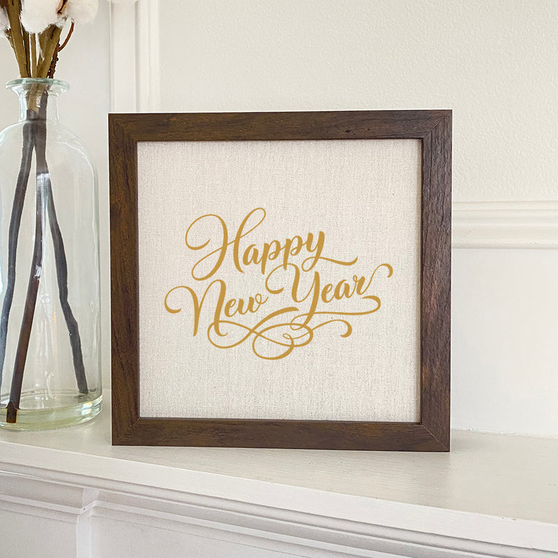 Happy New Year Gold Script - Framed Sign