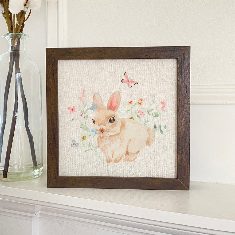 Watercolor Bunny and Florals - Framed Sign