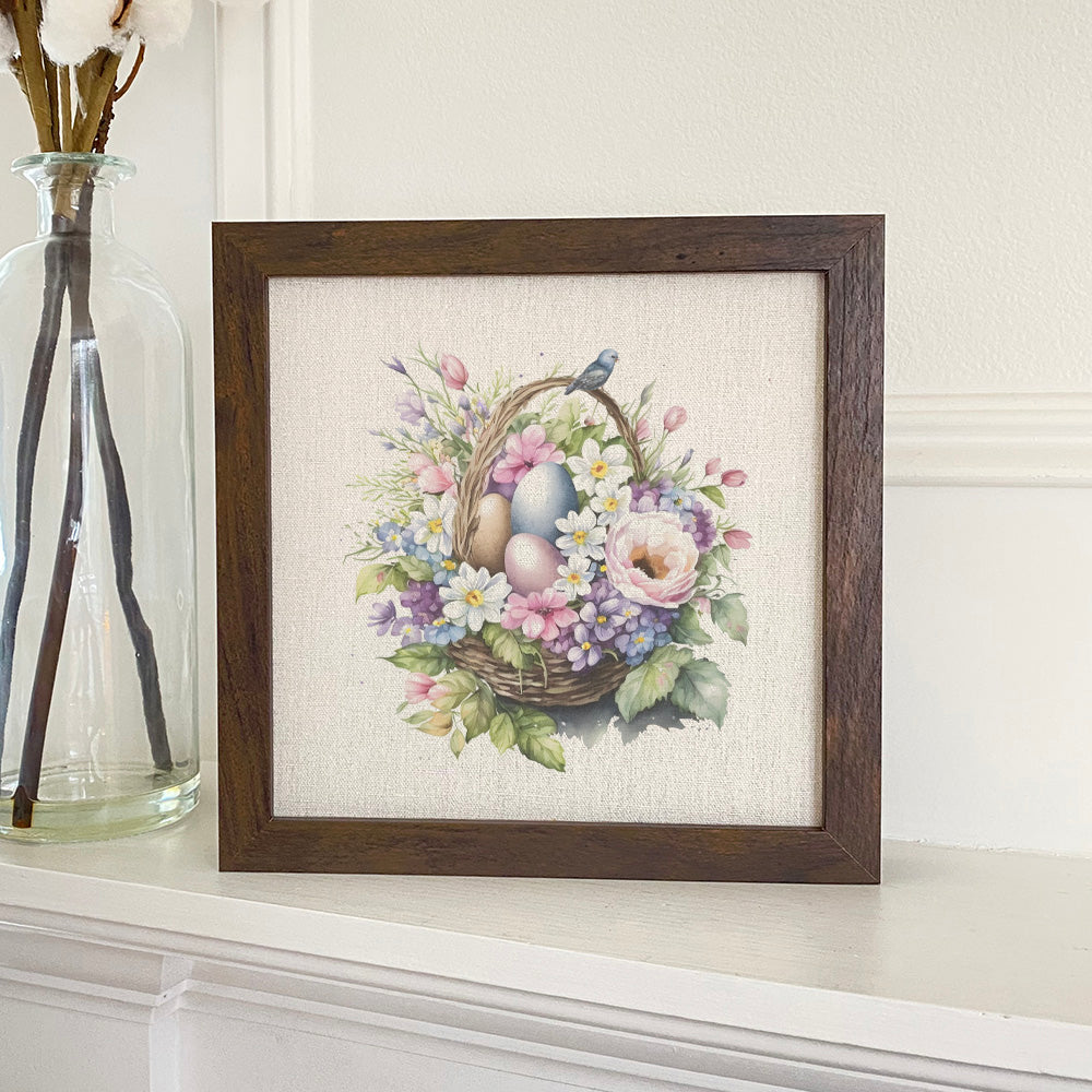 Watercolor Floral Basket and Eggs - Framed Sign