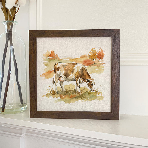 Cow in Autumn Field - Framed Sign