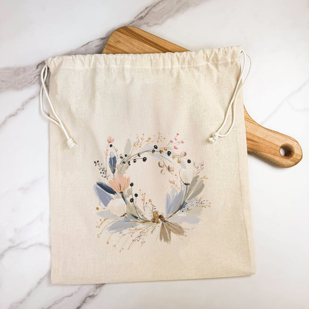 Winter Blue Wreath - Customizable Cotton Cinch Bag