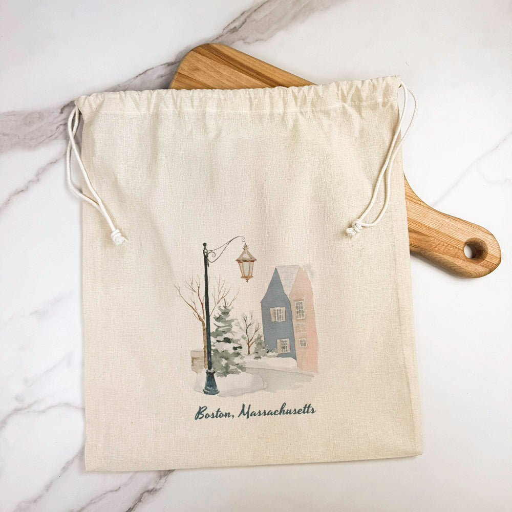 Snowy Town Row - Custom Cotton Cinch Bag