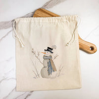 Blue Winter Snowman - Customizable Cotton Cinch Bag