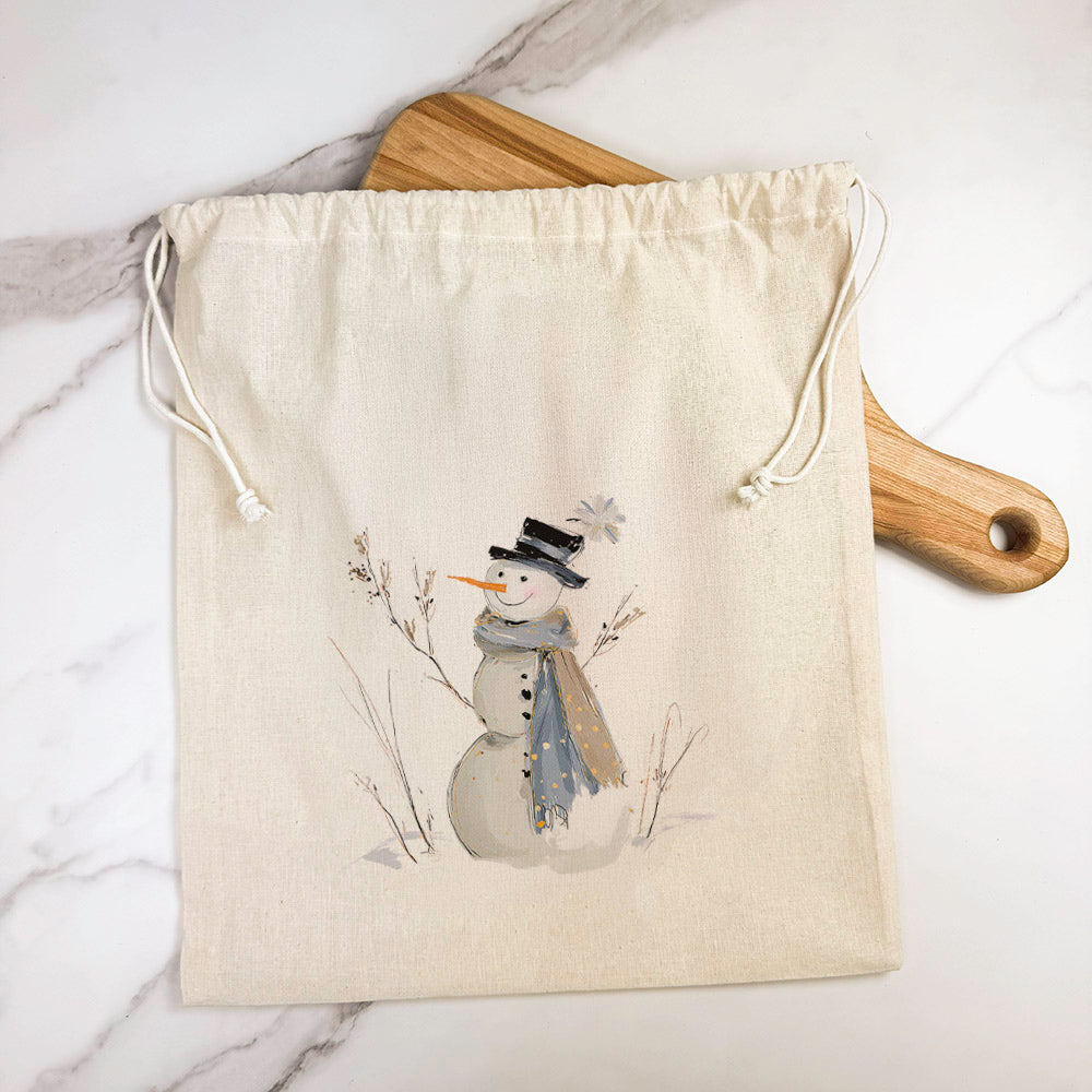Blue Winter Snowman - Customizable Cotton Cinch Bag