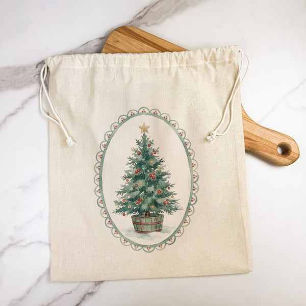 Watercolor Christmas Tree with Border - Cotton Cinch Bag