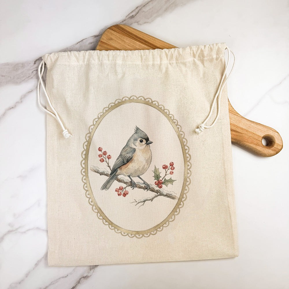 Watercolor Titmouse - Cotton Cinch Bag