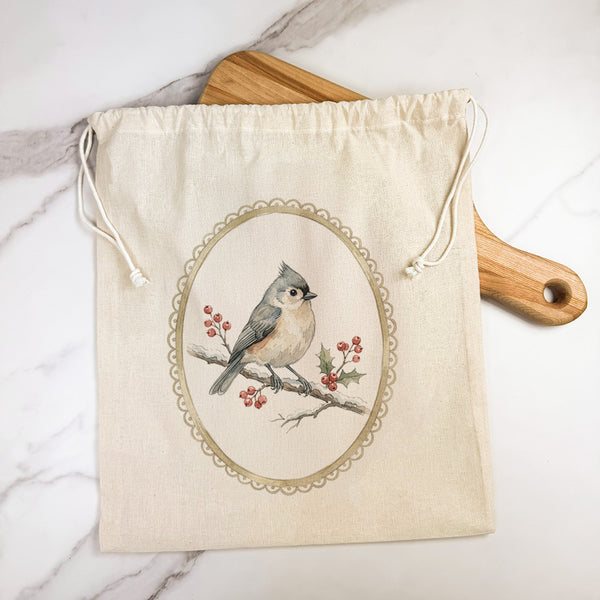 Watercolor Titmouse - Cotton Cinch Bag