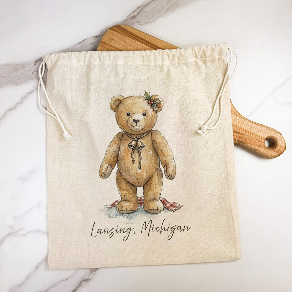 Christmas Teddy Bear Watercolor - Custom Cotton Cinch Bag