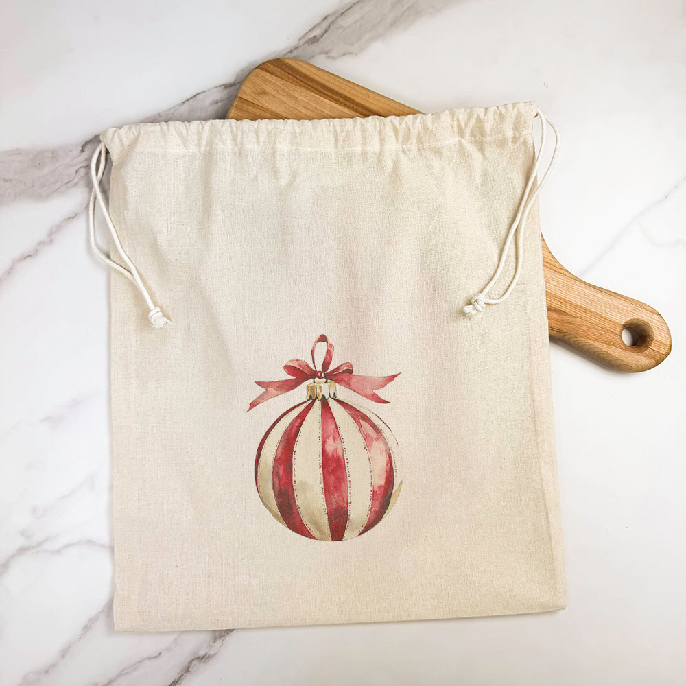 Red and White Stripe Ornament - Customizable Cotton Cinch Bag