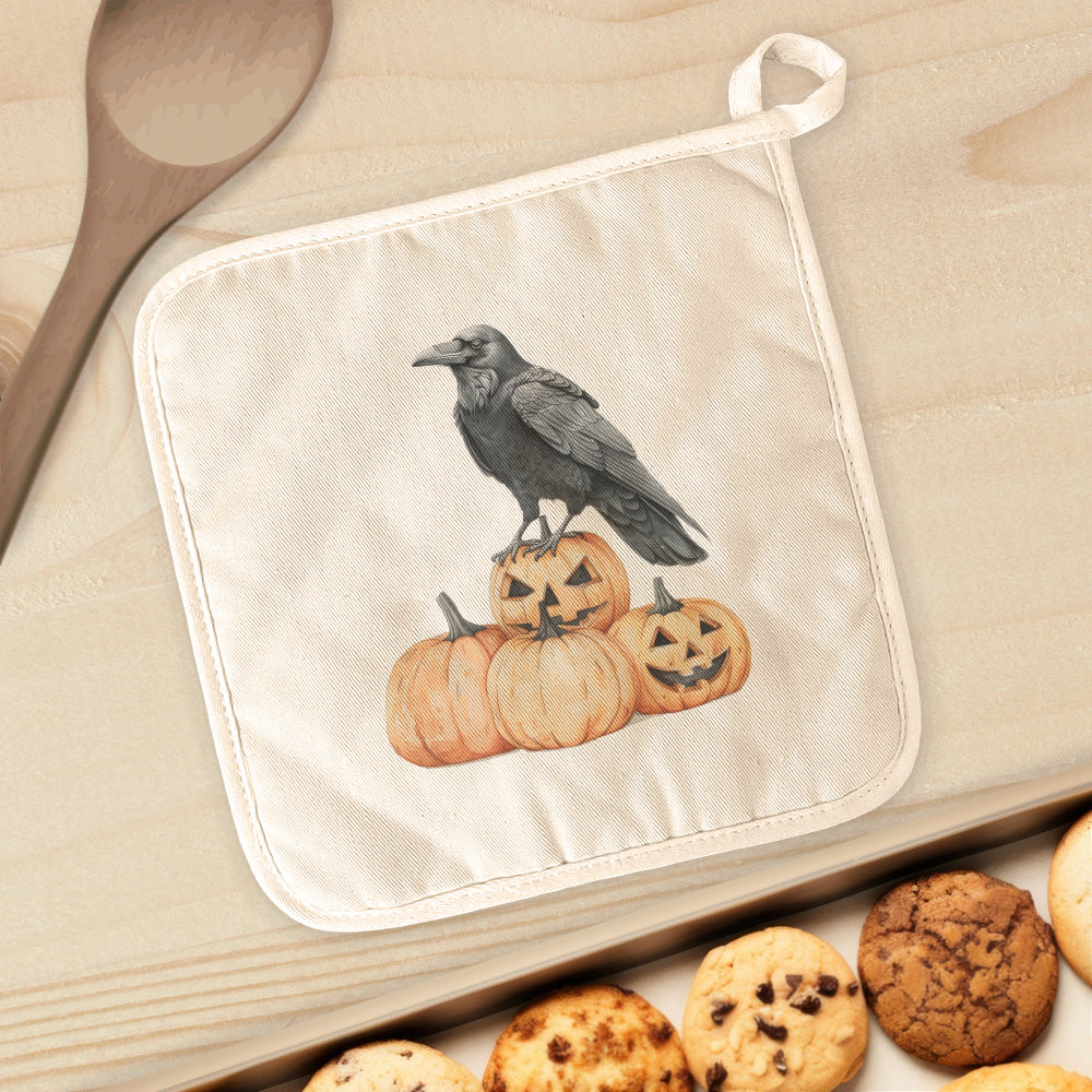 Crow and Carved Pumpkins - Customizable Halloween  Cotton Pot Holder