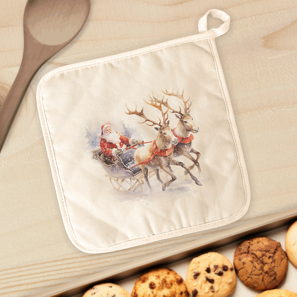 Santa and Reindeer Sleigh - Customizable Cotton Pot Holder
