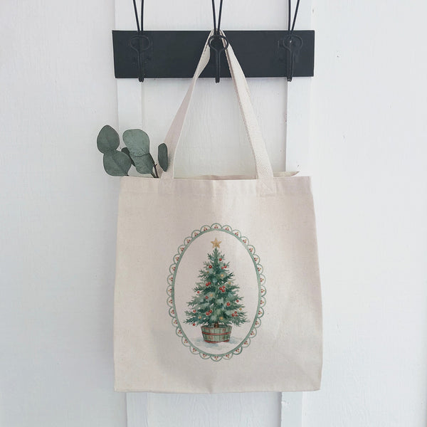 Watercolor Christmas Tree with Border - Canvas Tote Bag