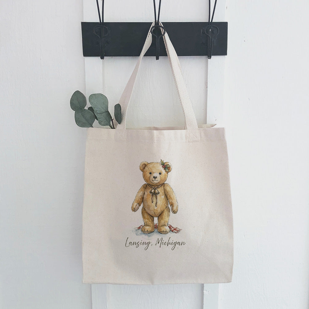 Christmas Teddy Bear Watercolor - Custom Canvas Tote Bag