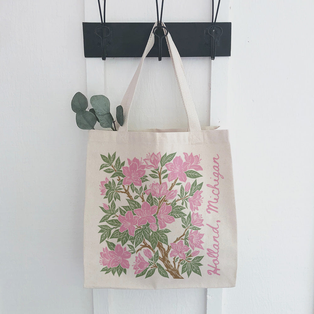 Pink Azaleas Linocut - Custom Canvas Tote Bag