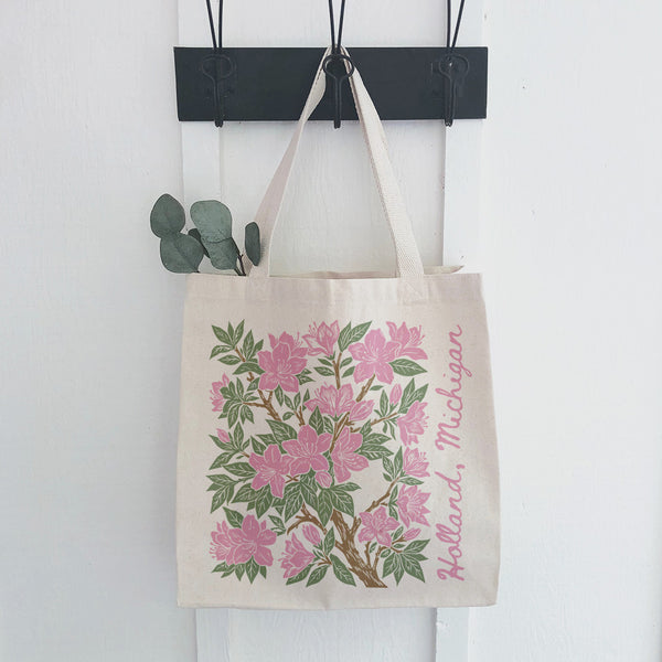 Pink Azaleas Linocut - Custom Canvas Tote Bag
