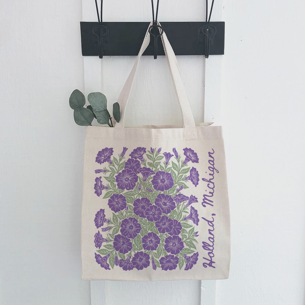 Purple Petunia Linocut - Custom Canvas Tote Bag