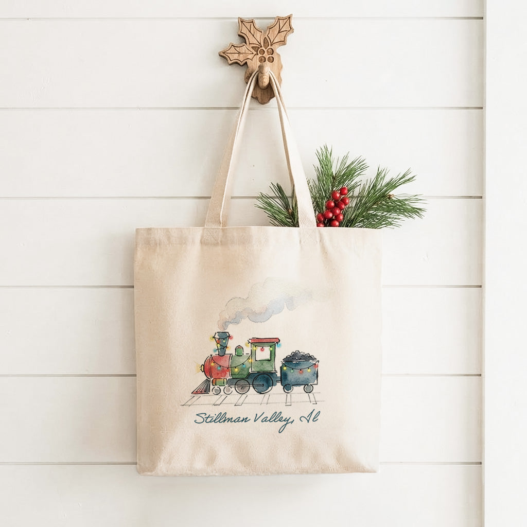 Watercolor Christmas Train - Custom Canvas Tote Bag