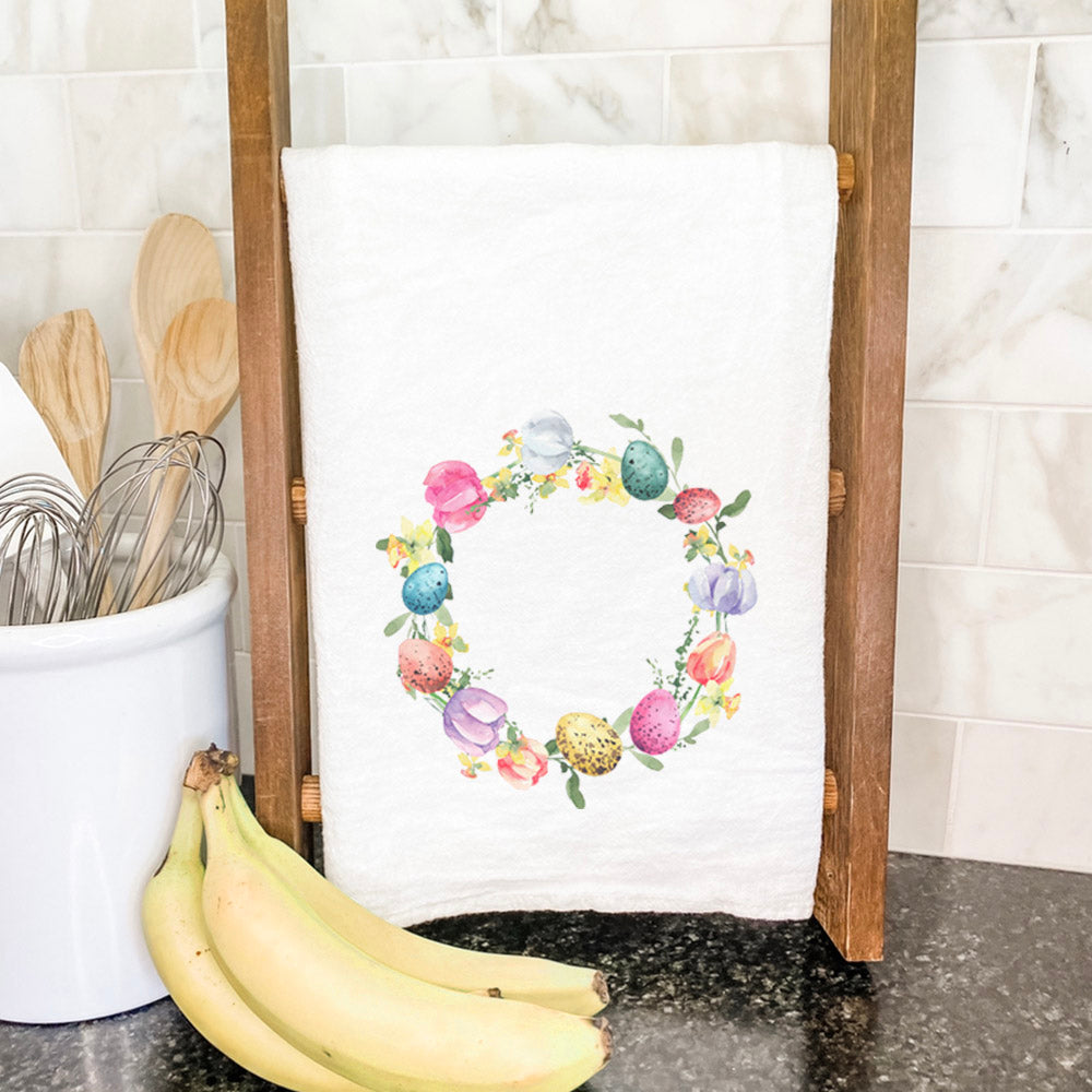 Tulips and Speckled Egg Wreath - Easter Cotton Tea Towel
