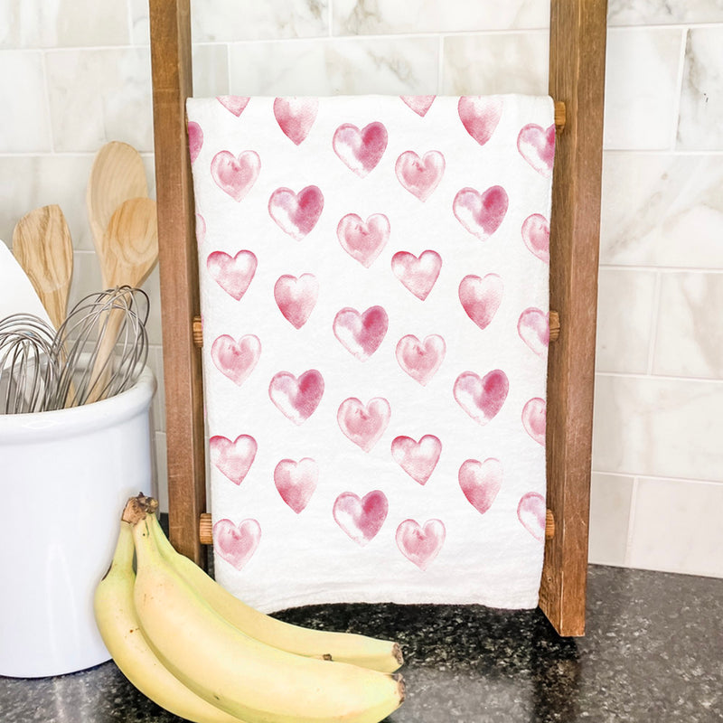 Pink Watercolor Hearts Pattern - Cotton Tea Towel