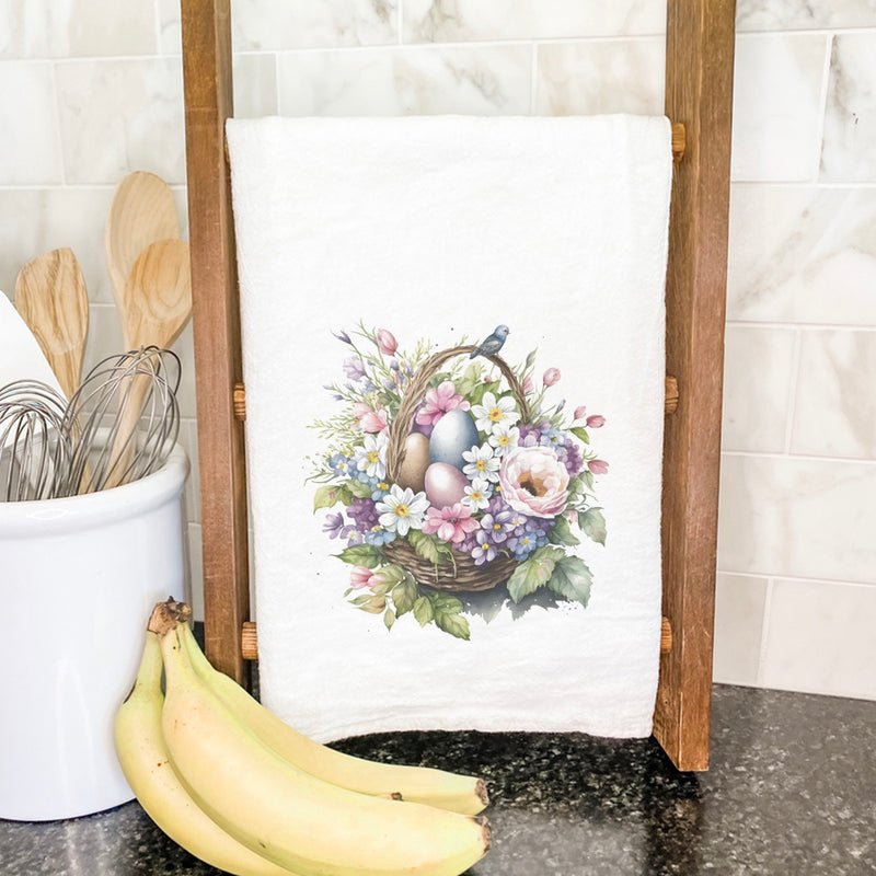 Watercolor Floral Basket and Eggs - Cotton Tea Towel