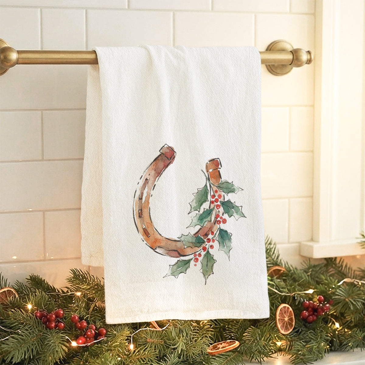 Horseshoe with Holly - Cotton Tea Towel