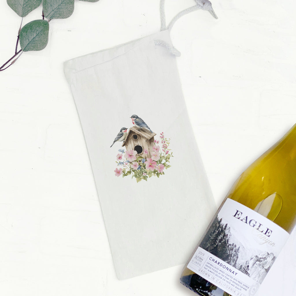 Floral Birdhouse - Canvas Wine Bag