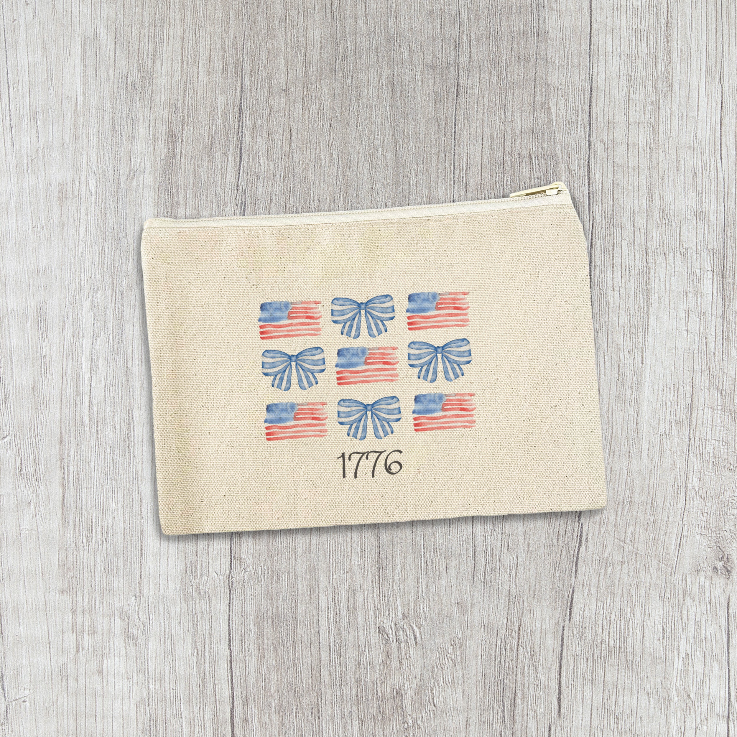 Watercolor Flags & Bows - Patriotic Canvas Zipper Pouch
