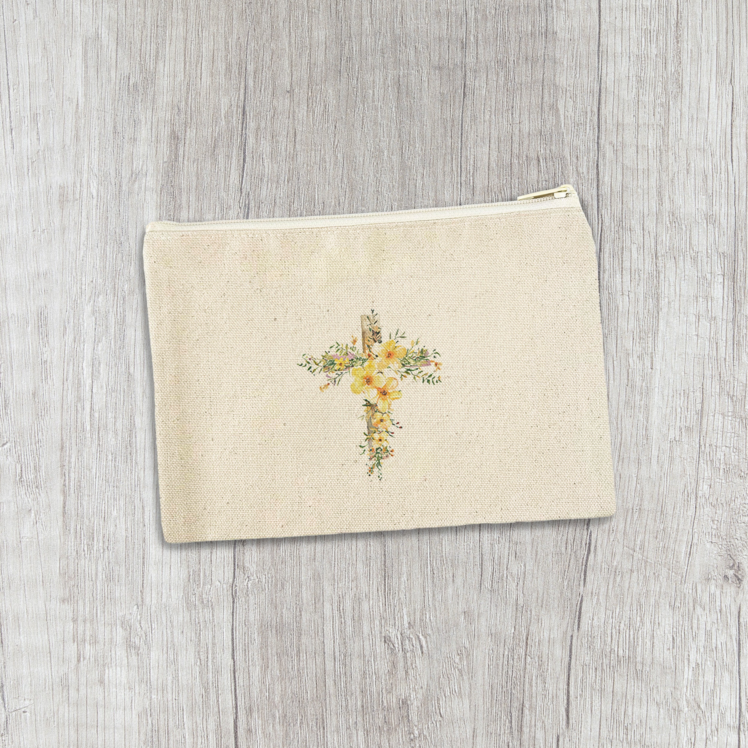 Yellow Floral Cross - Easter Canvas Zipper Pouch
