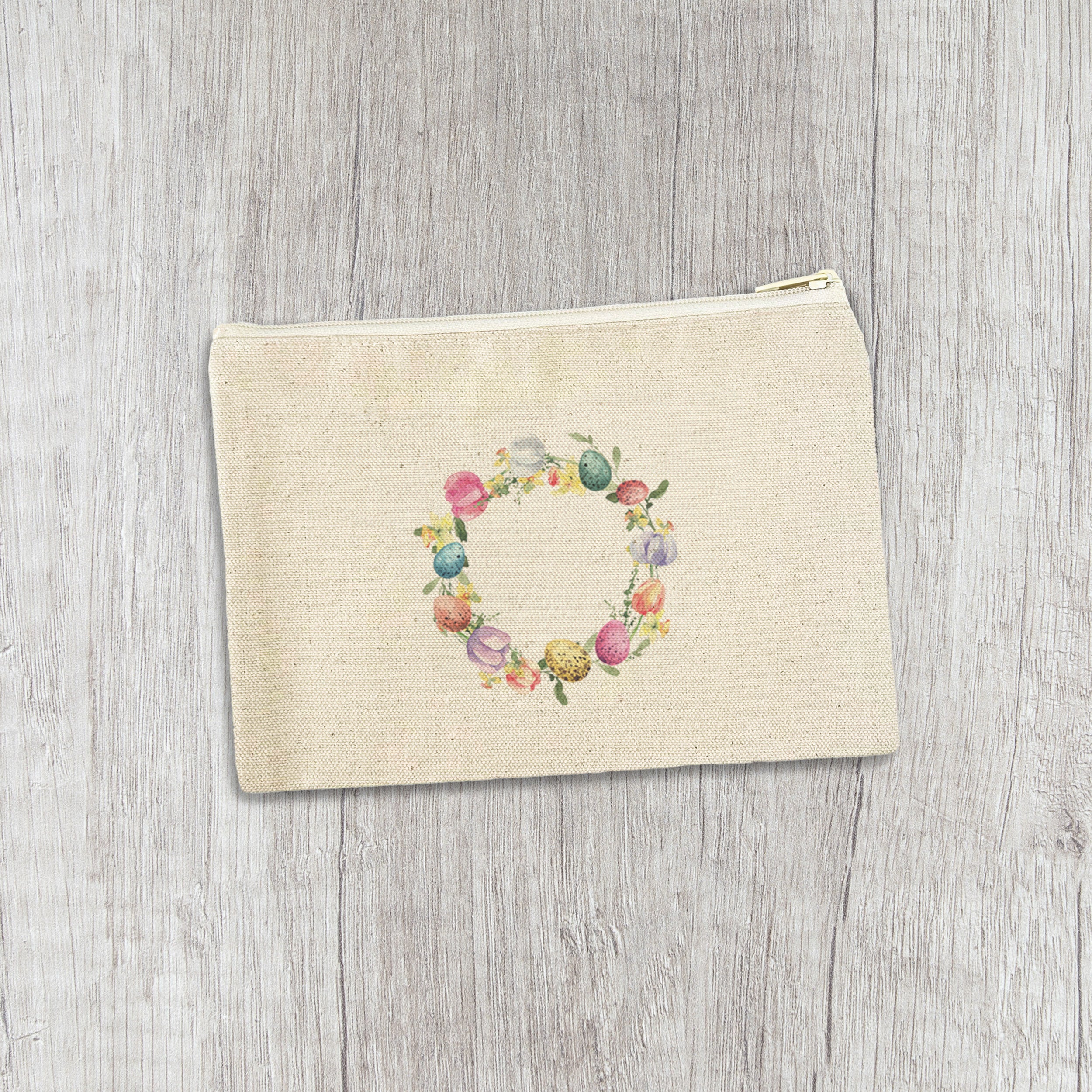 Tulips and Speckled Egg Wreath - Easter Canvas Zipper Pouch