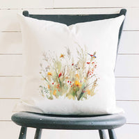 Watercolor Bird and Wildflowers - Square Canvas Pillow