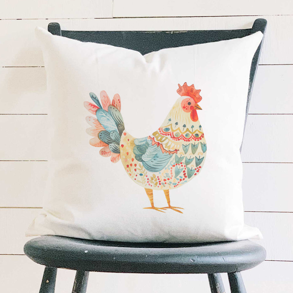 Red and Blue Folk-Art Chicken - Patriotic Throw  Pillow