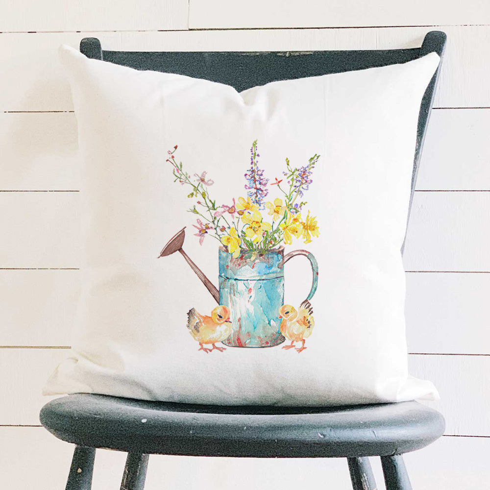 Chicks Watering Can Bouquet - Easter Square Canvas Pillow