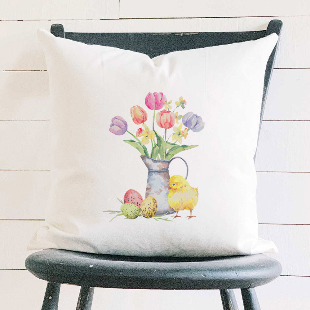 Chick and Tulips - Easter Square Canvas Pillow