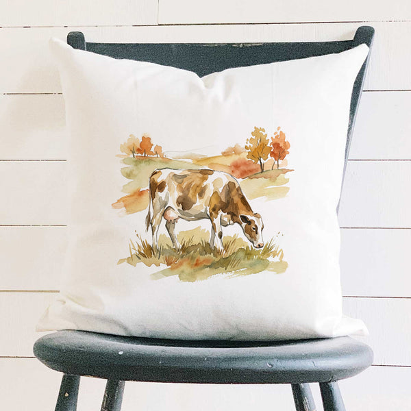 Cow in Autumn Field - Square Canvas Pillow