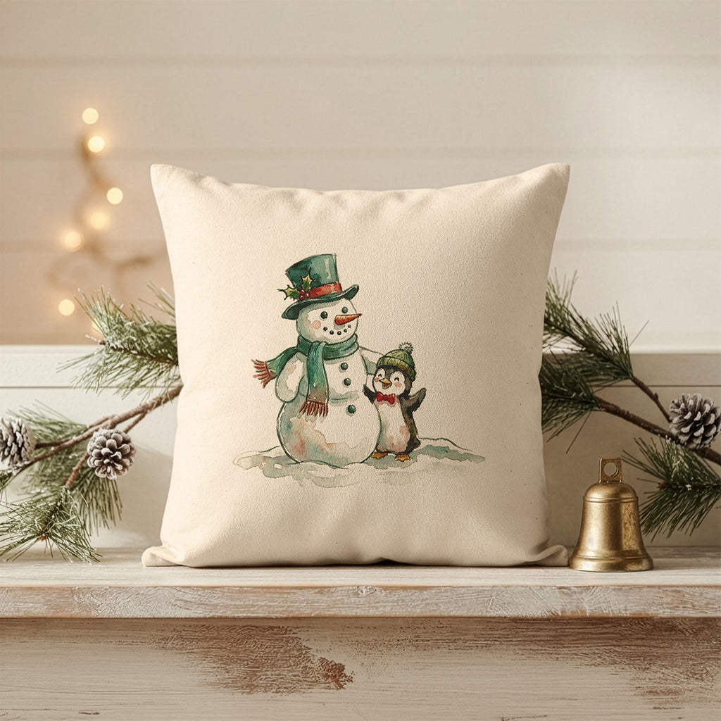Penguin with Snowman - Square Canvas Pillow