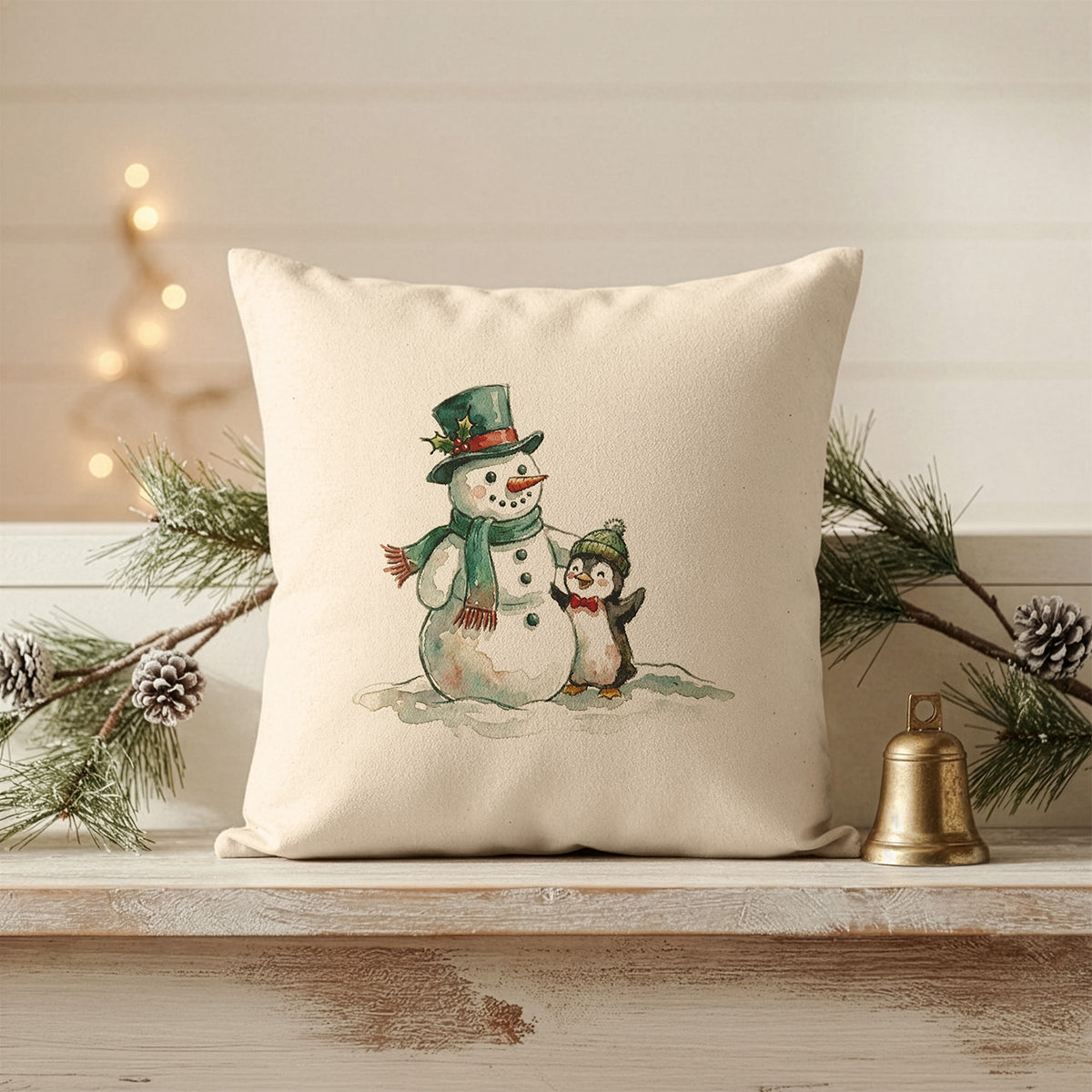 Penguin with Snowman - Square Canvas Pillow
