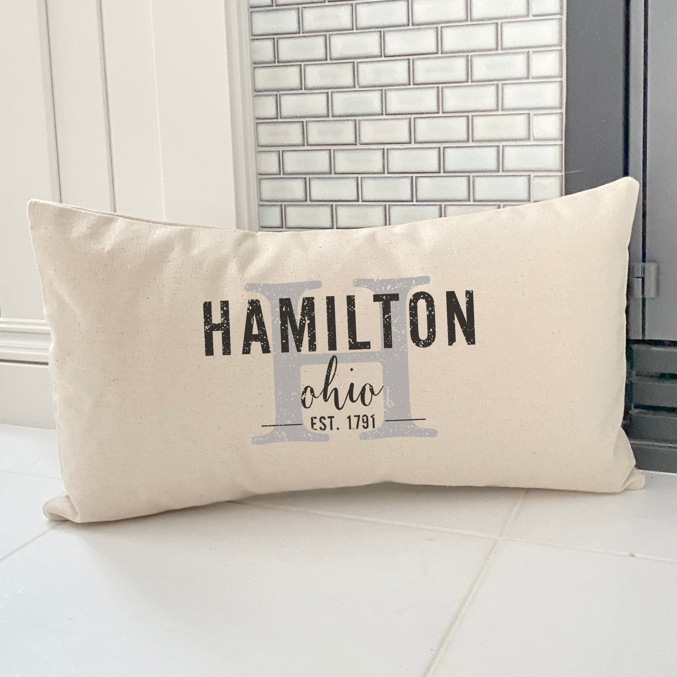 City and State w/ Initial - Custom Rectangular Canvas Pillow