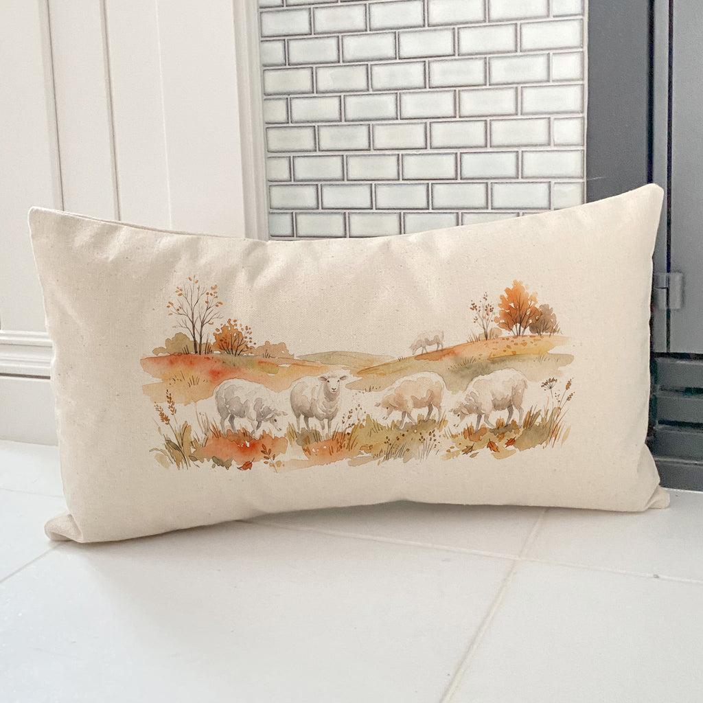 Sheep in Autumn Field - Rectangular Canvas Pillow