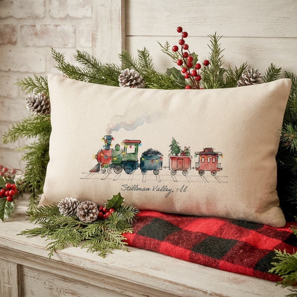Watercolor Christmas Train - Custom Rectangular Canvas Pillow