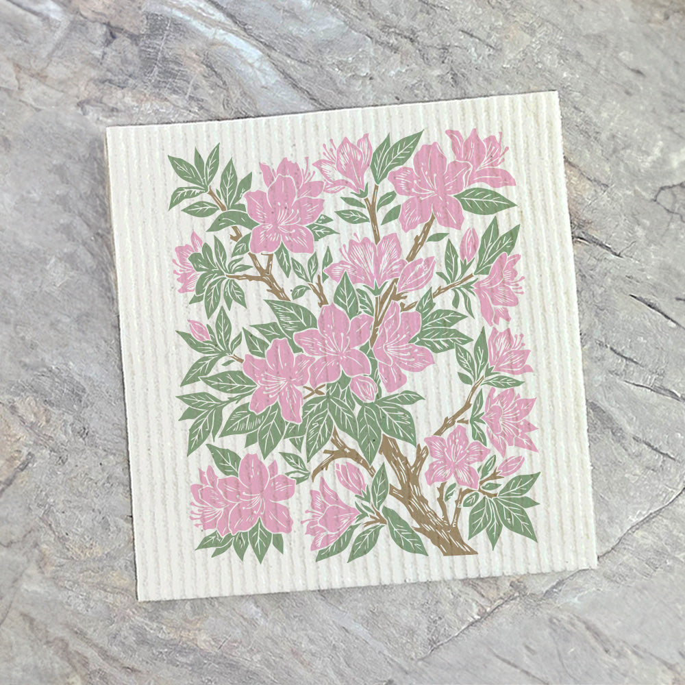 Pink Azaleas Linocut - Custom Swedish Dish Cloth
