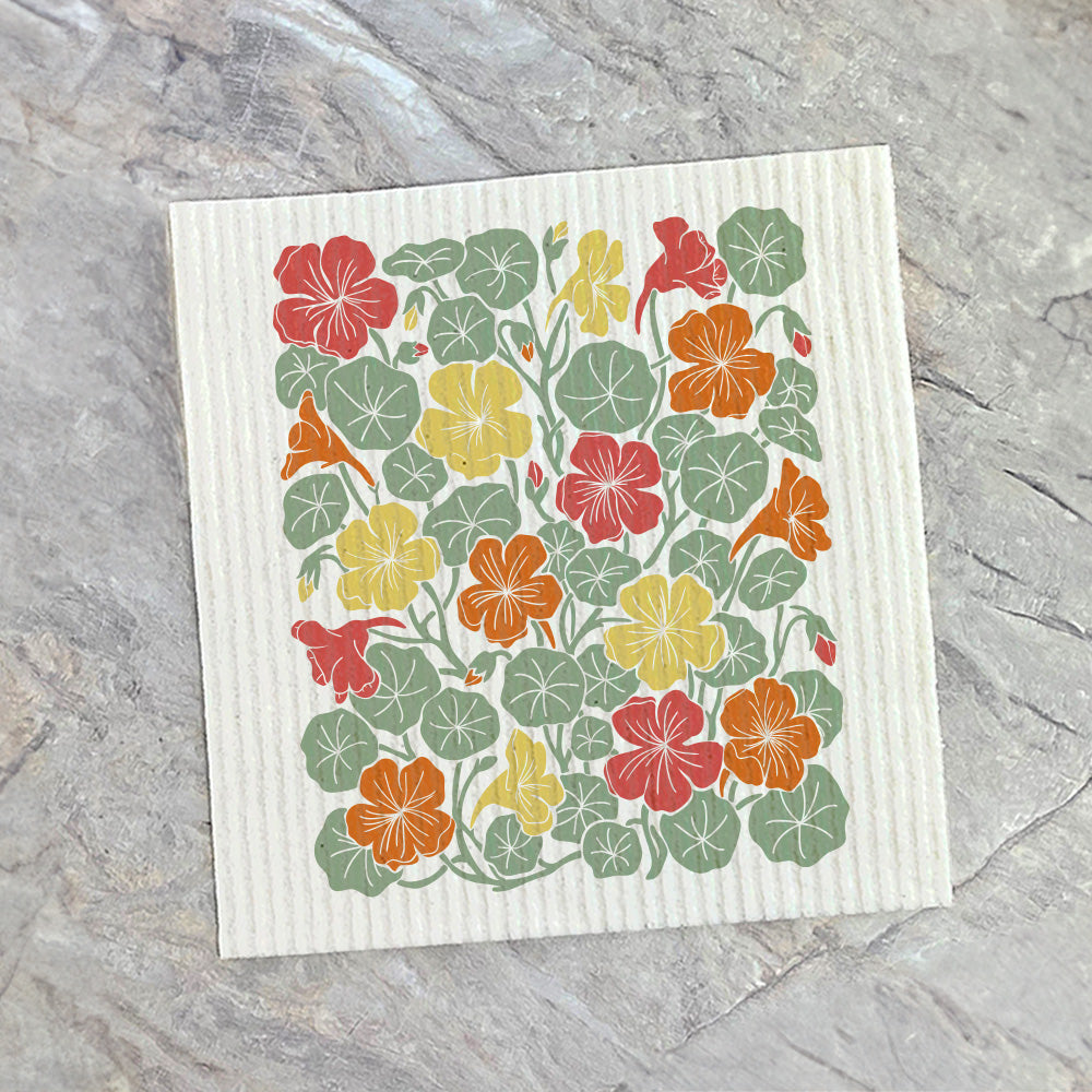 Summer Nasturtiums Linocut - Custom Swedish Dish Cloth
