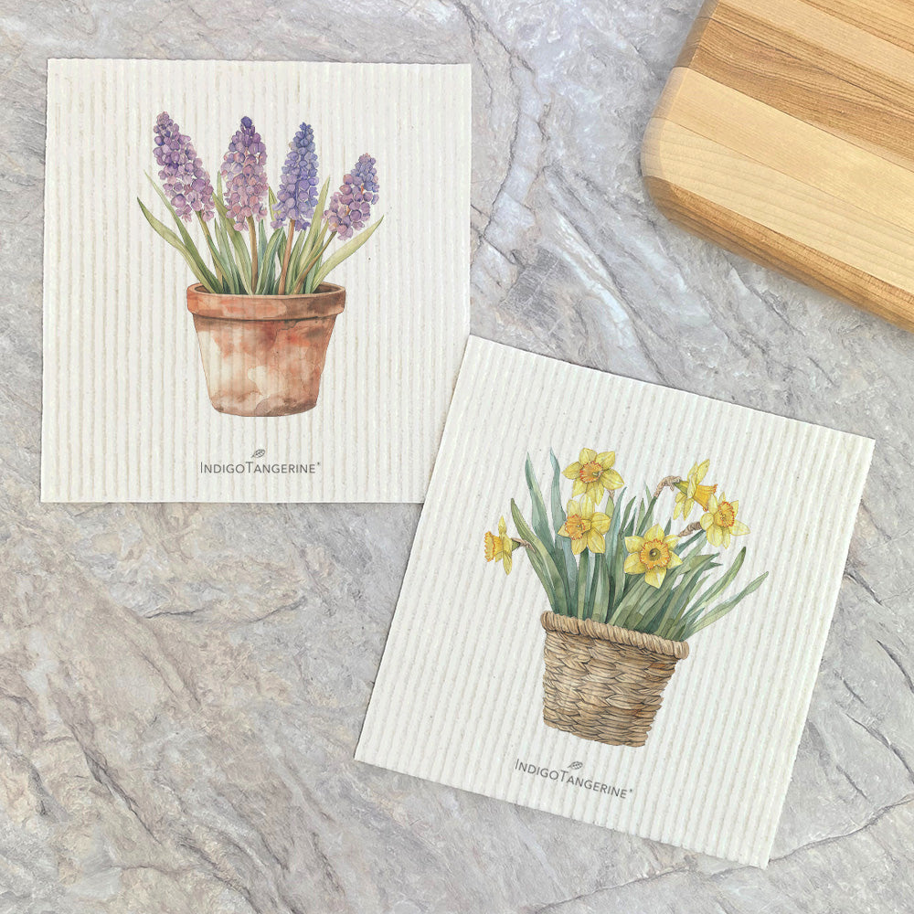 Set of Basket of Daffodils & Potted Hyacinths - Spring 2pk Swedish Dish Cloth