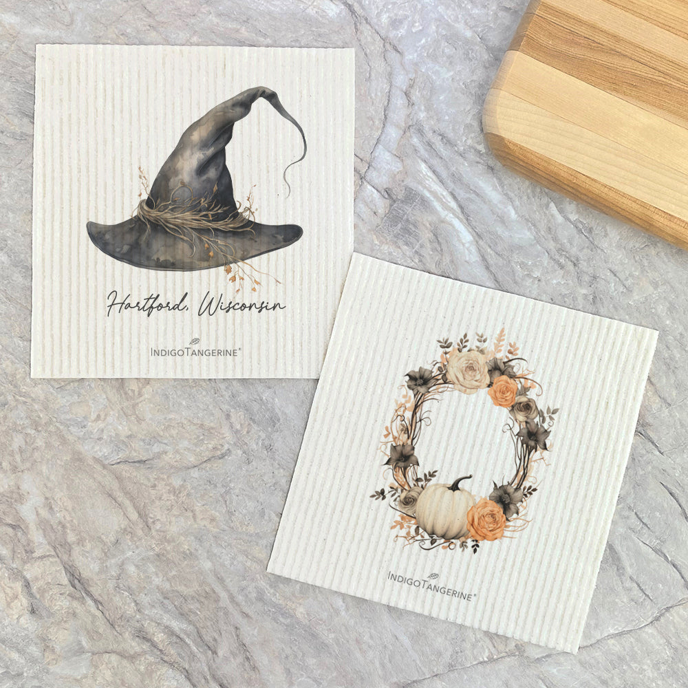Witch Hat and Pumpkin Wreath - Autumn 2pk Custom Dish Cloth