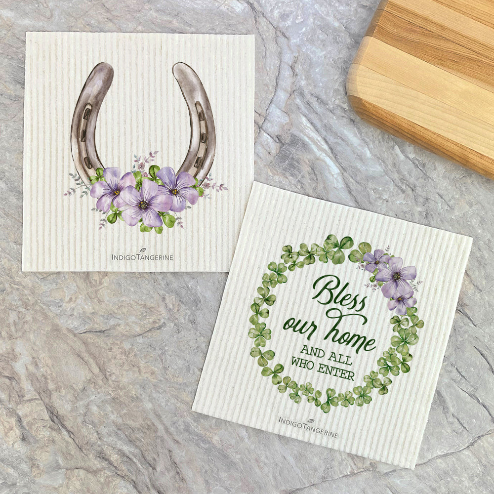 Floral Horseshoe, Bless Home Clover  - 2pk Swedish Dish Cloth