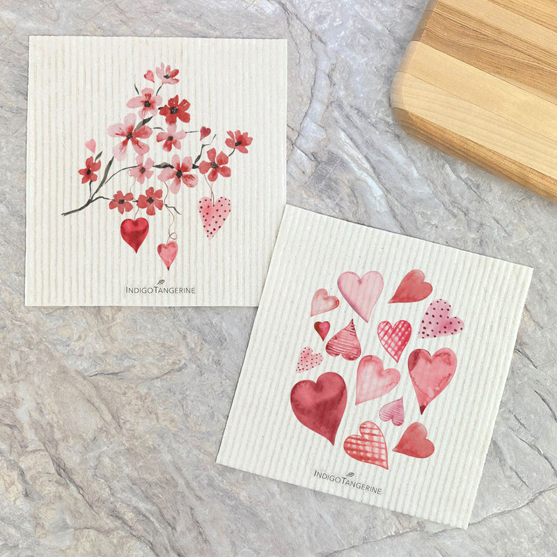 Cherry Blossom Branch, Scattered Hearts 2pk - Swedish Dish Cloth
